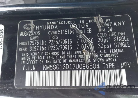 2007 Hyundai Santa Fe Gls из США, поврежденный, VIN KM8SG13D17U096504